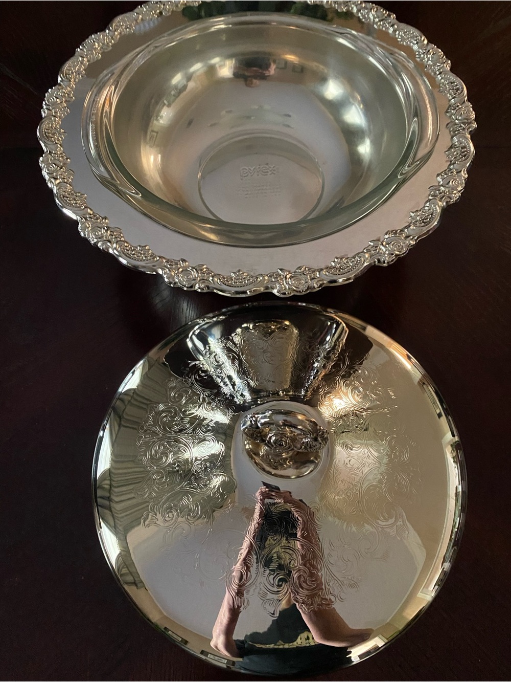 Silver Covered Serving Dish with Decorative Lid and Pyrex dish 12 inches - Picture 3 of 15